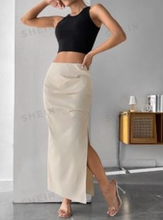 SHEIN PETITE плиссированная юбка с высоким разрезом/SHEIN PETITE pleated skirt with high slit (sw2212068079661789)
